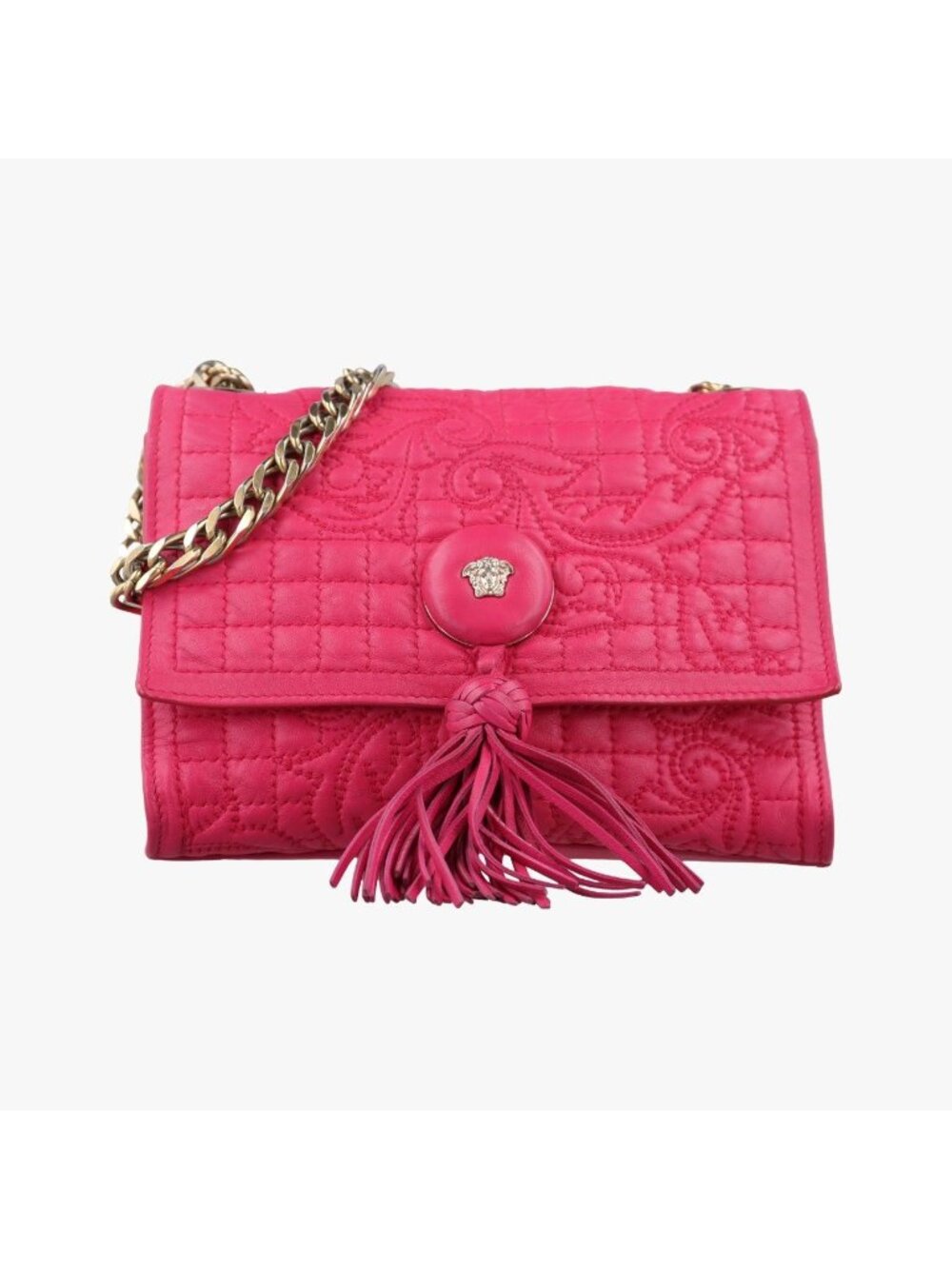 Versace Quilted Chain Rose Red Leather Clg Shoulder